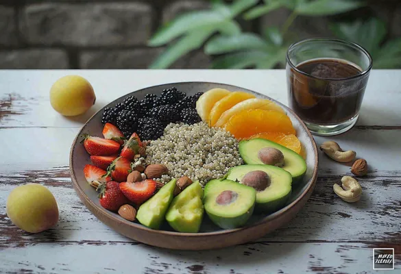 美食水果拼盘早餐沙拉咖啡，牛油果香蕉草莓奇异果果汁摄影图