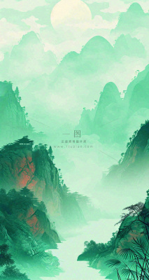 国风意境山水画落日绿色 国风意境山水画落日绿色
