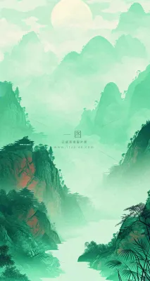 国风意境山水画落日绿色 国风意境山水画落日绿色