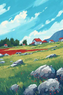 春天郊外绿地草地山脉石头插画手绘，惊蛰春分