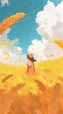 秋天金色麦田女孩蓝天秋收立秋秋分处暑芒种插画背景