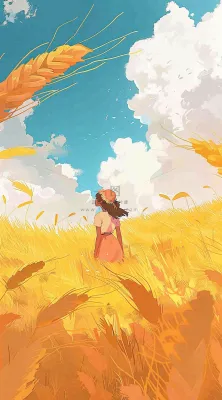 秋天金色麦田女孩蓝天秋收立秋秋分处暑芒种插画背景 秋天金色麦田女孩蓝天秋收立秋秋分处暑芒种插画背景