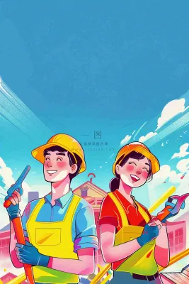 卡通插画工地辛勤劳动工人劳动节插画背景
