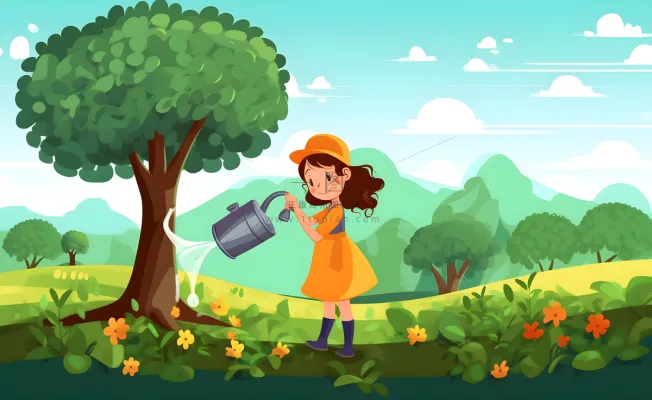 植树小女孩给树浇水大自然插画海报素材背景