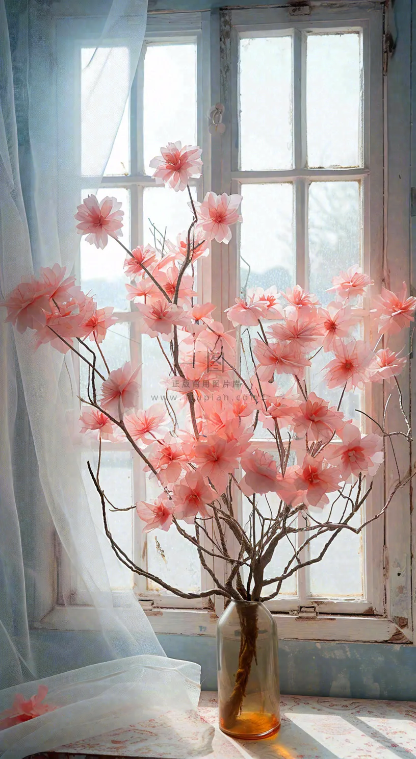 春天窗台花瓶粉色鲜花花束，春分