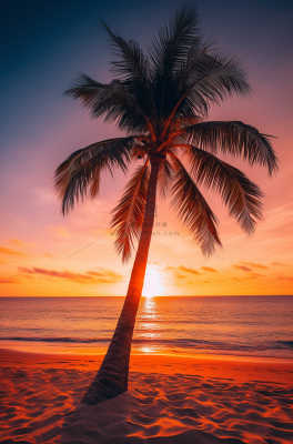 海边沙滩夕阳晚霞日出椰树摄影图