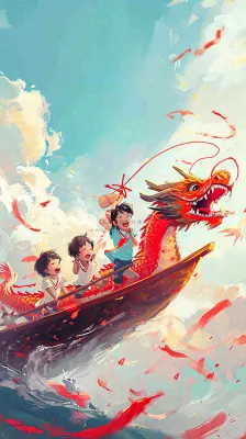 海面上龙船开船手绘插画，孩子人物，蓝天白云古风