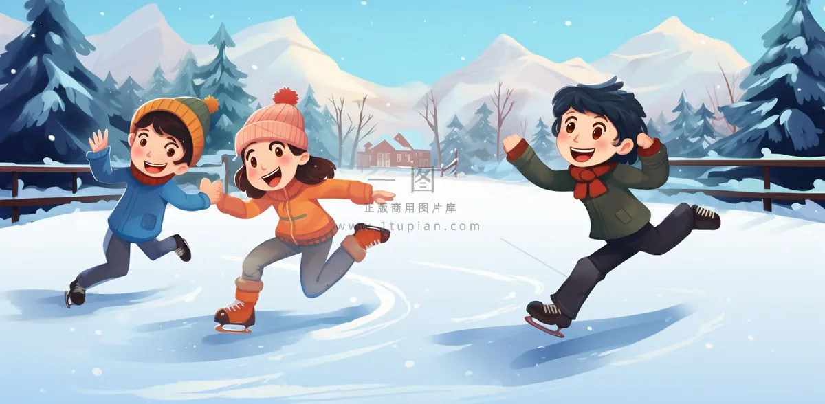 冬季在冰湖上滑冰的孩子儿童卡通插画背景