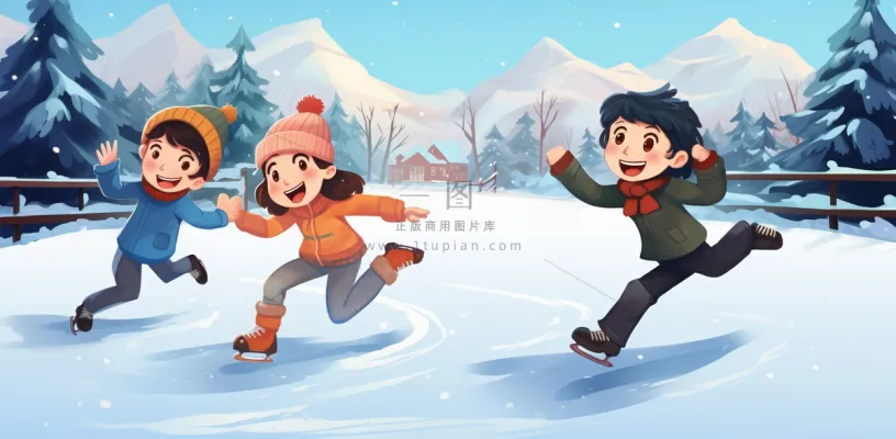 冬季在冰湖上滑冰的孩子儿童卡通插画背景 冬季在冰湖上滑冰的孩子儿童卡通插画背景