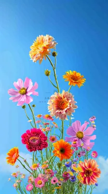 春天蓝天白云草坪鲜花，五彩缤纷鲜艳摄影图