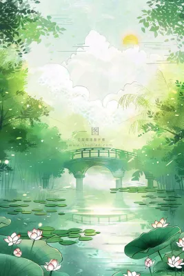 春夏绿意风景小清新荷花池塘拱桥绿荫阳光惊蛰春分立夏夏至水彩插画背景