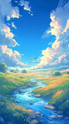 蓝天白云草地溪流春天阳光灿烂的日子春分春风,插画手绘 蓝天白云草地溪流春天阳光灿烂的日子春分春风,插画手绘
