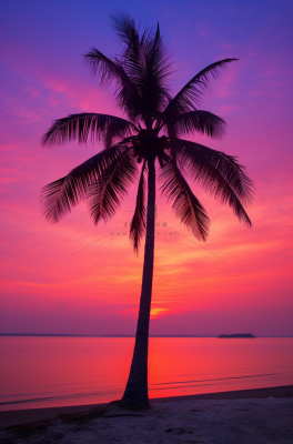 海边沙滩夕阳晚霞日出椰树摄影图