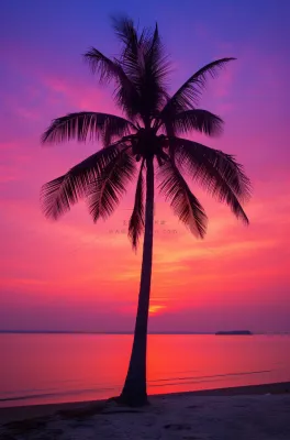 海边沙滩夕阳晚霞日出椰树摄影图