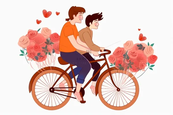520情人节情侣骑车花束浪漫插画素材背景