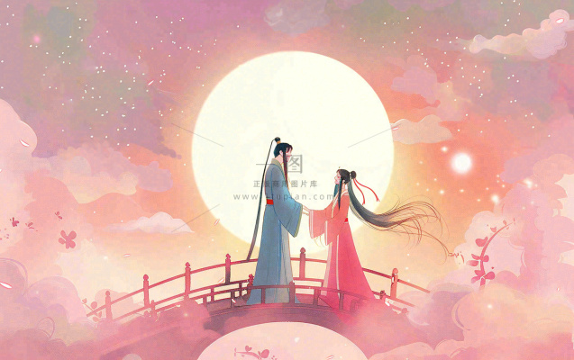 七夕牛郎织女鹊桥相会情侣恋人粉色浪漫梦幻唯美情人节插画背景