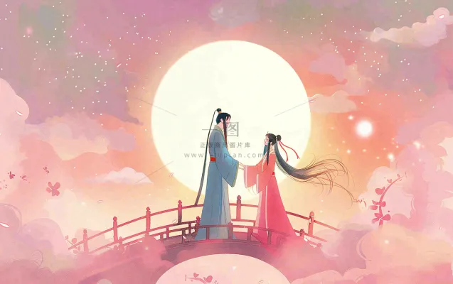 七夕牛郎织女鹊桥相会情侣恋人粉色浪漫梦幻唯美情人节插画背景