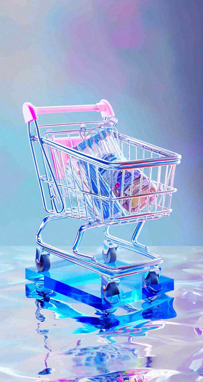 彩色奇幻渐变蓝紫粉色购物车手推车3D