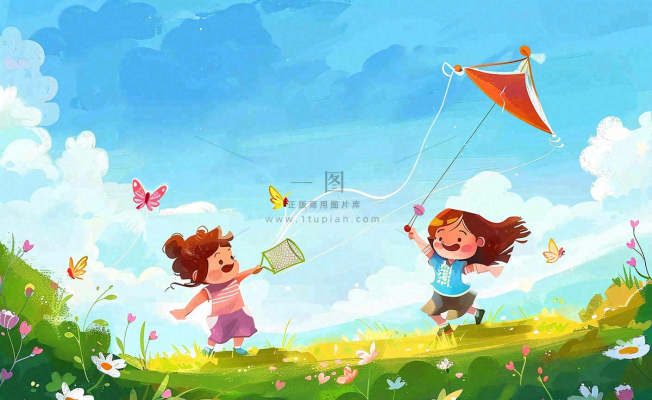 草坪扑蝴蝶的孩子们儿童节卡通插画背景 草坪扑蝴蝶的孩子们儿童节卡通插画背景