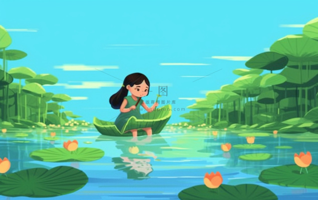 湖泊坐着睡莲上的人碧蓝插画背景