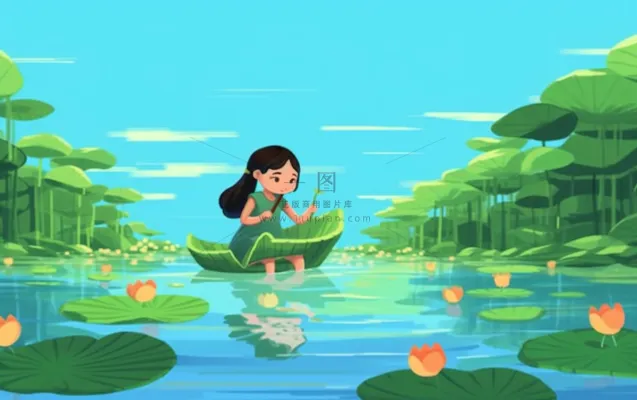 湖泊坐着睡莲上的人碧蓝插画背景 湖泊坐着睡莲上的人碧蓝插画背景