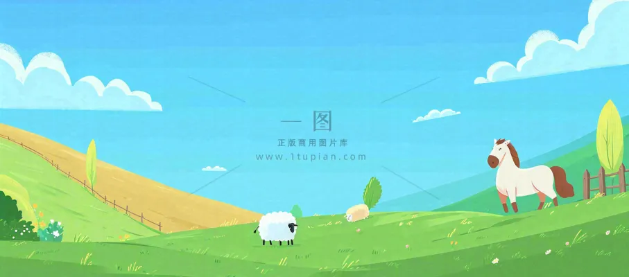 春天卡通扁平插画手绘蓝天绿色草地，春游，郊游，踏青