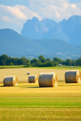 秋天农场稻田草垛远山摄影图