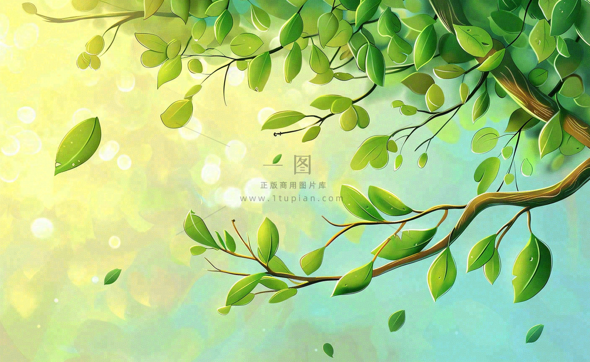 春夏绿色树枝绿叶清新绿意立夏插画背景
