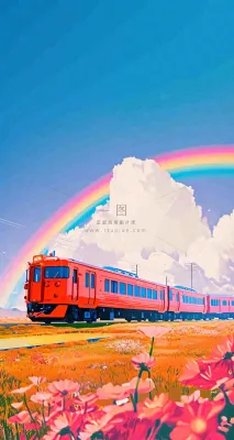 蓝天白云户外铁路草地彩虹手绘,色彩缤纷 蓝天白云户外铁路草地彩虹手绘,色彩缤纷