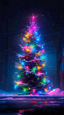 炫酷圣诞彩色缤纷圣诞树节日，夜晚街道建筑，暗黑