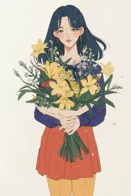 抱着花束的少女卡通插画背景