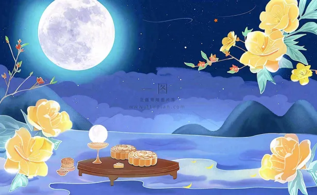 中秋夜晚赏月月饼饮茶黄花菊花桂花国风插画背景
