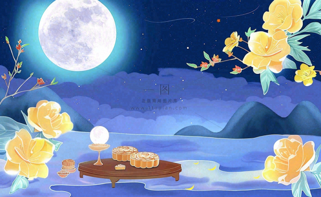 中秋夜晚赏月月饼饮茶黄花菊花桂花国风插画背景 中秋夜晚赏月月饼饮茶黄花菊花桂花国风插画背景
