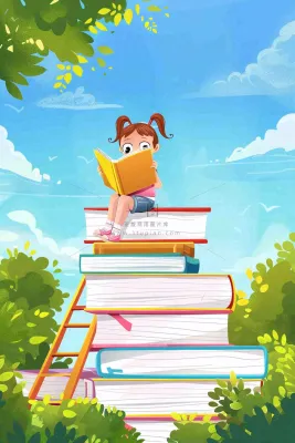 坐着书本课本上的学生儿童学习儿童节卡通插画背景 坐着书本课本上的学生儿童学习儿童节卡通插画背景
