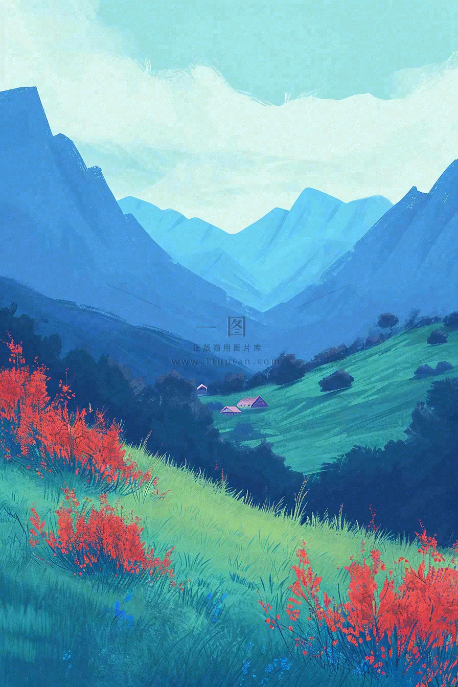 春天郊外绿地草地山脉石头插画手绘,惊蛰春分