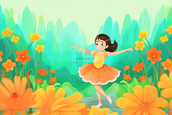 花丛中跳舞的女孩色彩插画背景