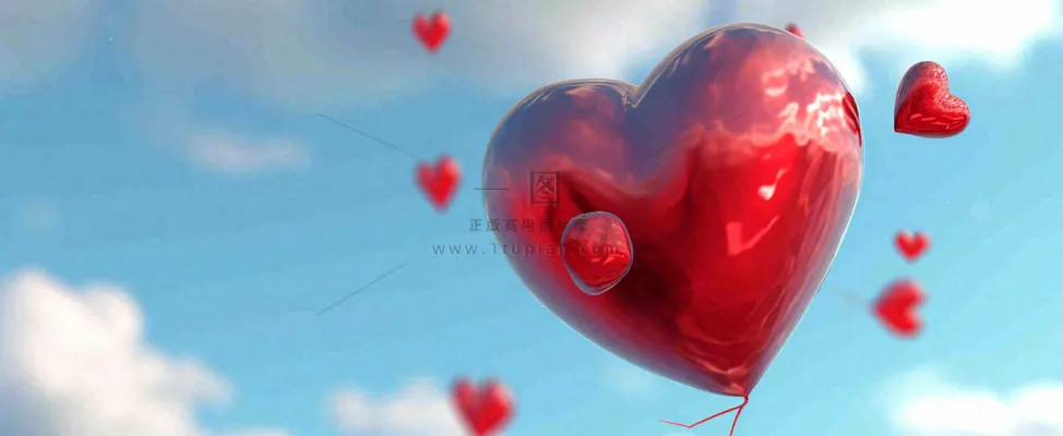 蓝天白云红色爱心气球情人节浪漫爱情摄影图