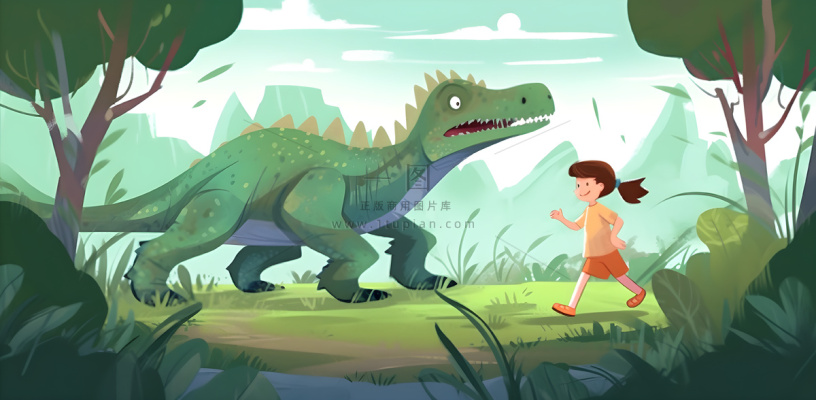 恐龙儿童大自然森林奔跑插画海报素材背景 恐龙儿童大自然森林奔跑插画海报素材背景