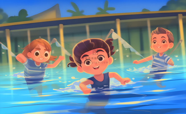 游泳池游泳儿童学生们玩乐蓝色卡通插画背景 游泳池游泳儿童学生们玩乐蓝色卡通插画背景