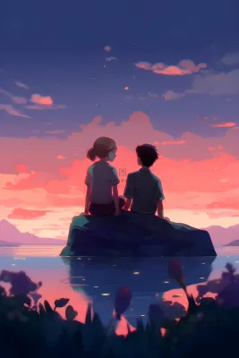 长辈父亲和孩子坐着看落日晚霞浪漫背景