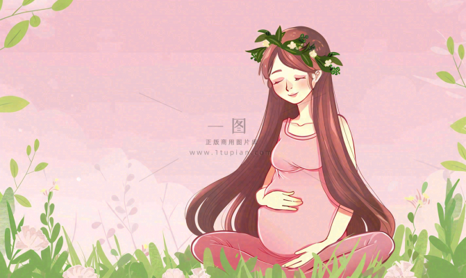 草丛鲜花里的孕妈妈唯美场景母爱母亲节粉色插画背景