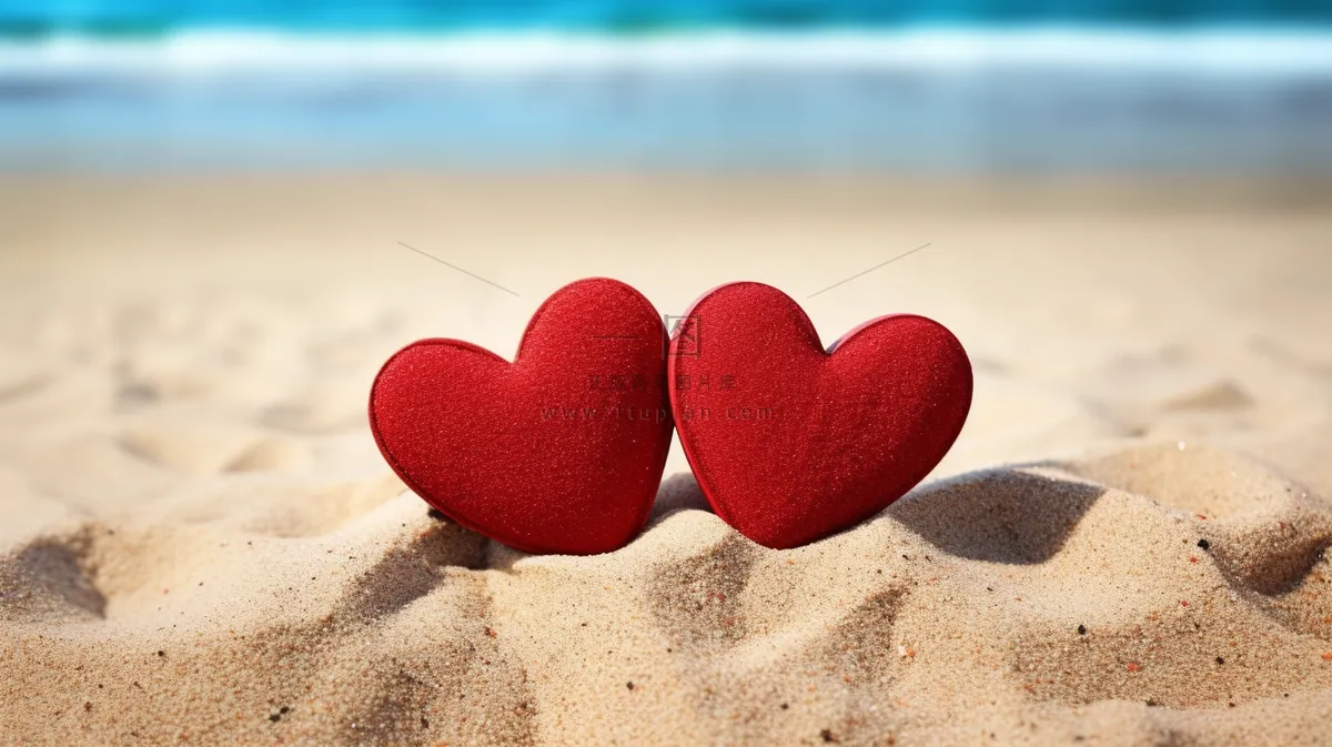 海边沙滩上摆放着两个红色爱心互相依靠摄影图