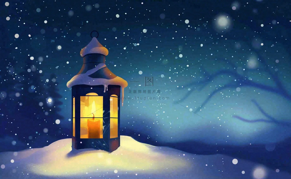 冬天夜晚雪地里的灯笼灯盏雪花温暖寒露立冬大雪插画背景