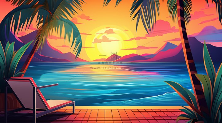 夏日泳池夕阳晚霞椰树摄影图