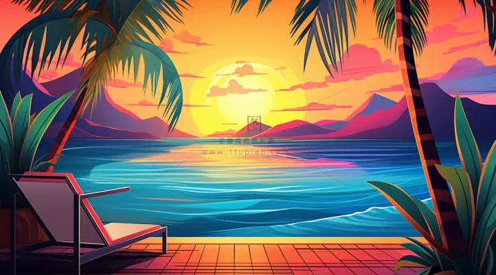 夏日泳池夕阳晚霞椰树摄影图