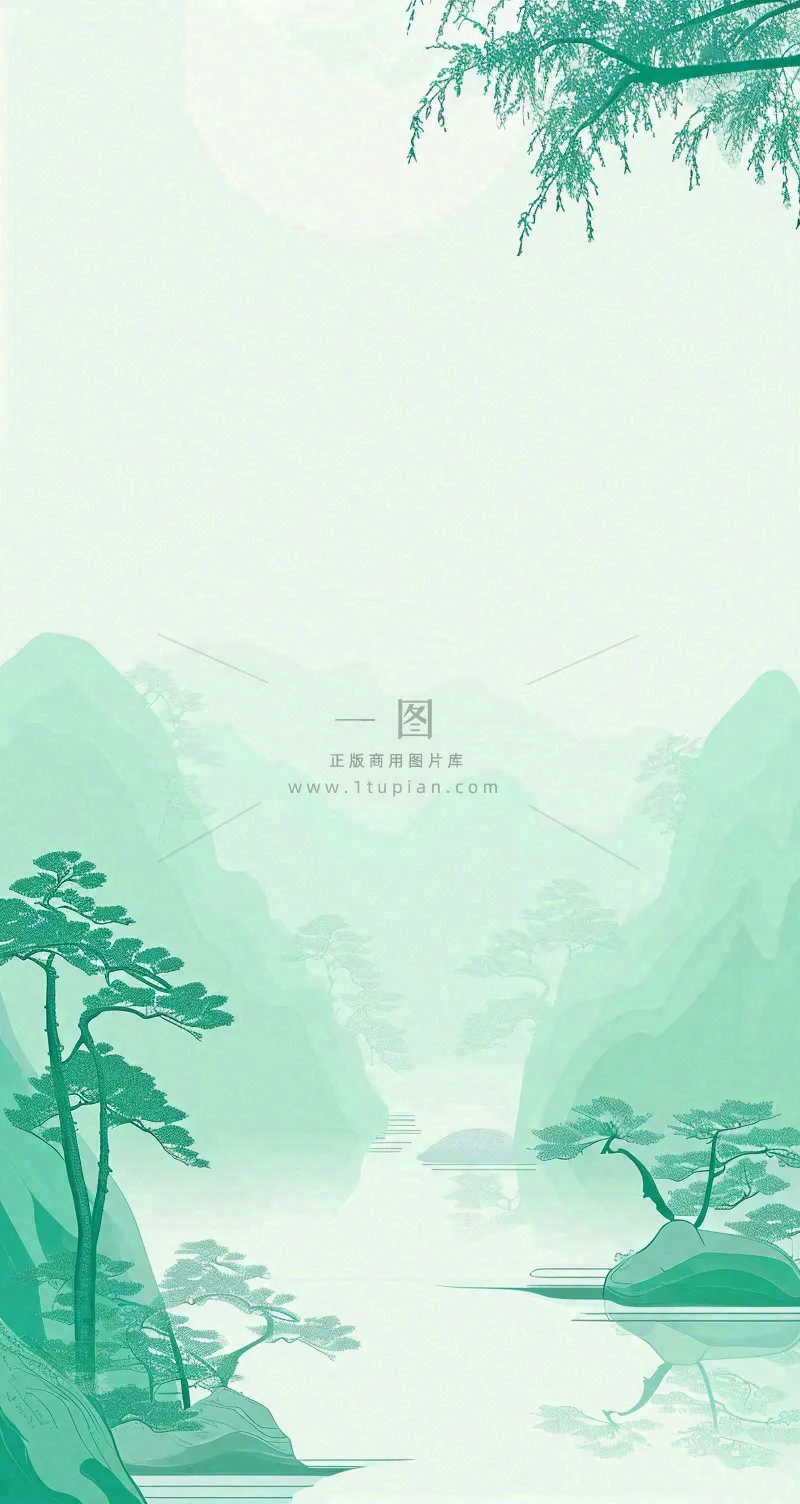 国风意境山水画落日绿色