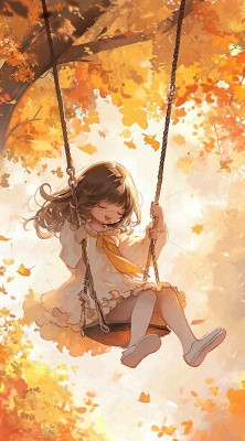 秋天落叶季节少女玩耍荡秋千,秋分儿童 秋天落叶季节少女玩耍荡秋千,秋分儿童
