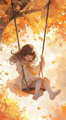 秋天落叶季节少女玩耍荡秋千,秋分儿童 秋天落叶季节少女玩耍荡秋千,秋分儿童