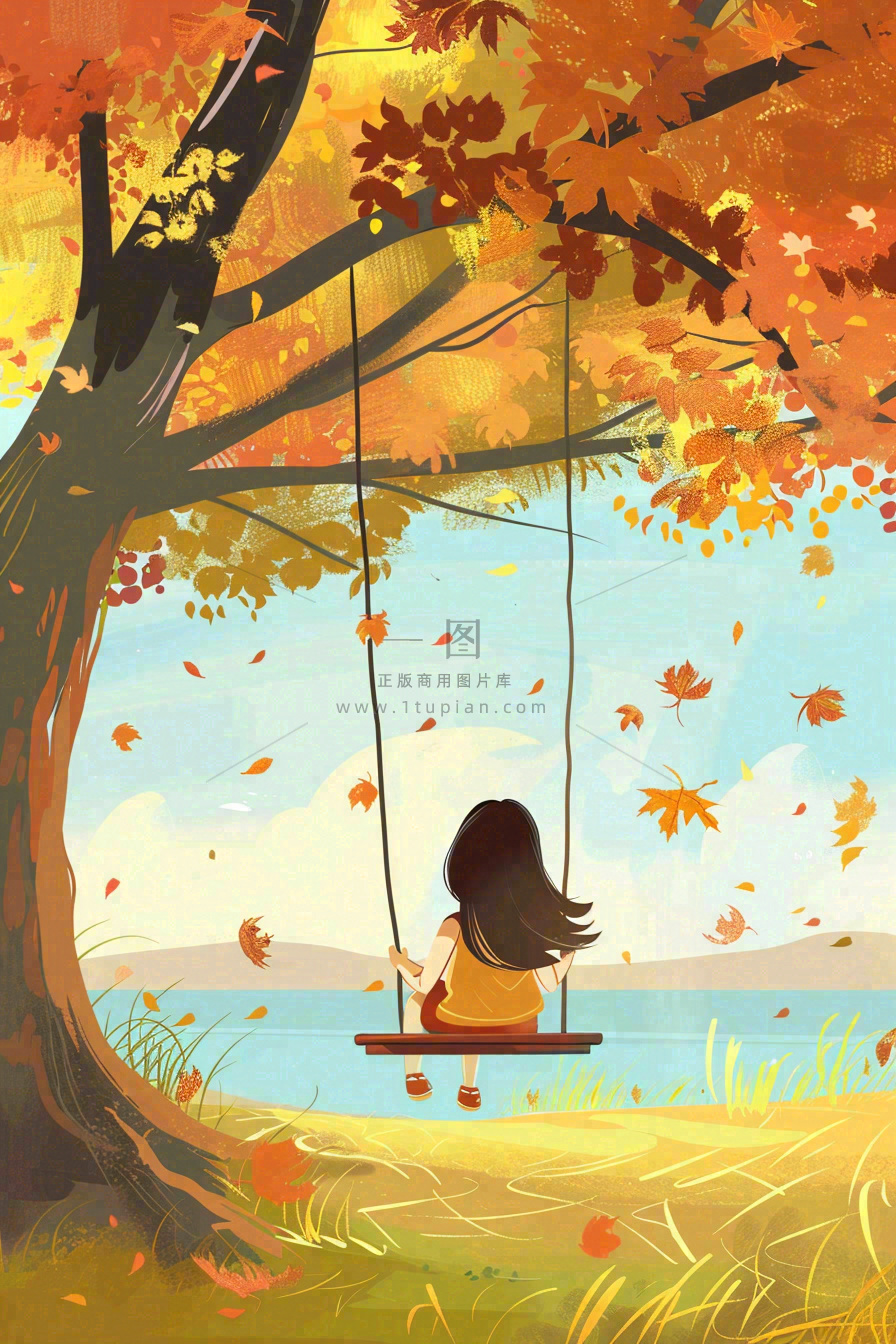 秋天湖泊大树下荡秋千的女孩落叶立秋秋分卡通插画背景