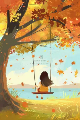 秋天湖泊大树下荡秋千的女孩落叶立秋秋分卡通插画背景 秋天湖泊大树下荡秋千的女孩落叶立秋秋分卡通插画背景